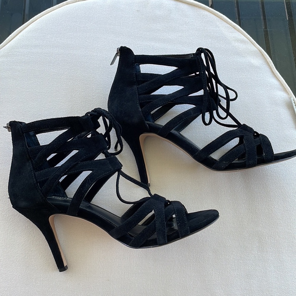 White House Black Market Chayne Black Suede Lace Up Strappy Heel